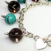jpB002 (Smoky Quartz Turquoise and Silver Heart Charm Bracelet)
