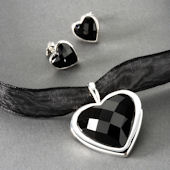 Sterling Silver & Black Agate Heart Pendant & Earrings Set