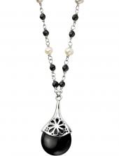 seN3081 (Black Agate, Freshwater Pearl & Sterling Silver Necklace)