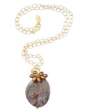 mbN135GP_Rhyo (Long Gold Plated Necklace with Rhyolite and Pearls)